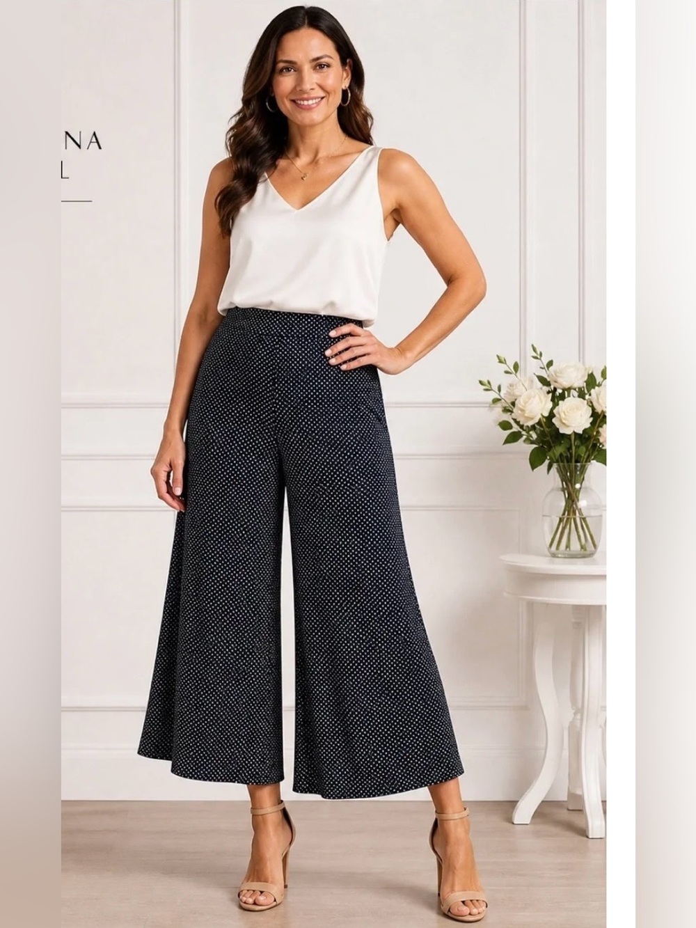 Adrianna Papell Polka Dot Wide Leg Capri Crop Pants Navy and Cream Size M